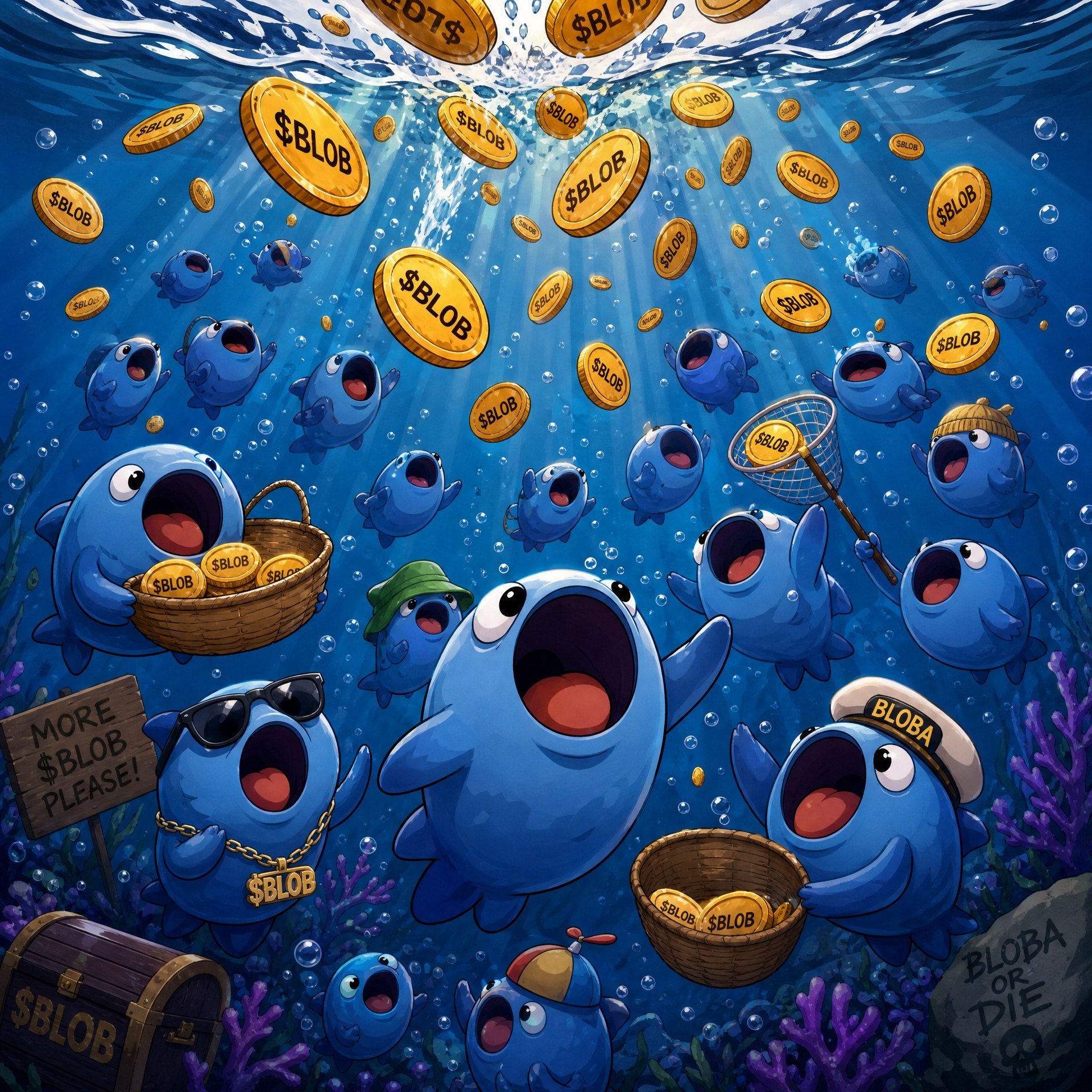 A swarm of Bloba blob fish catching falling $BLOB coins